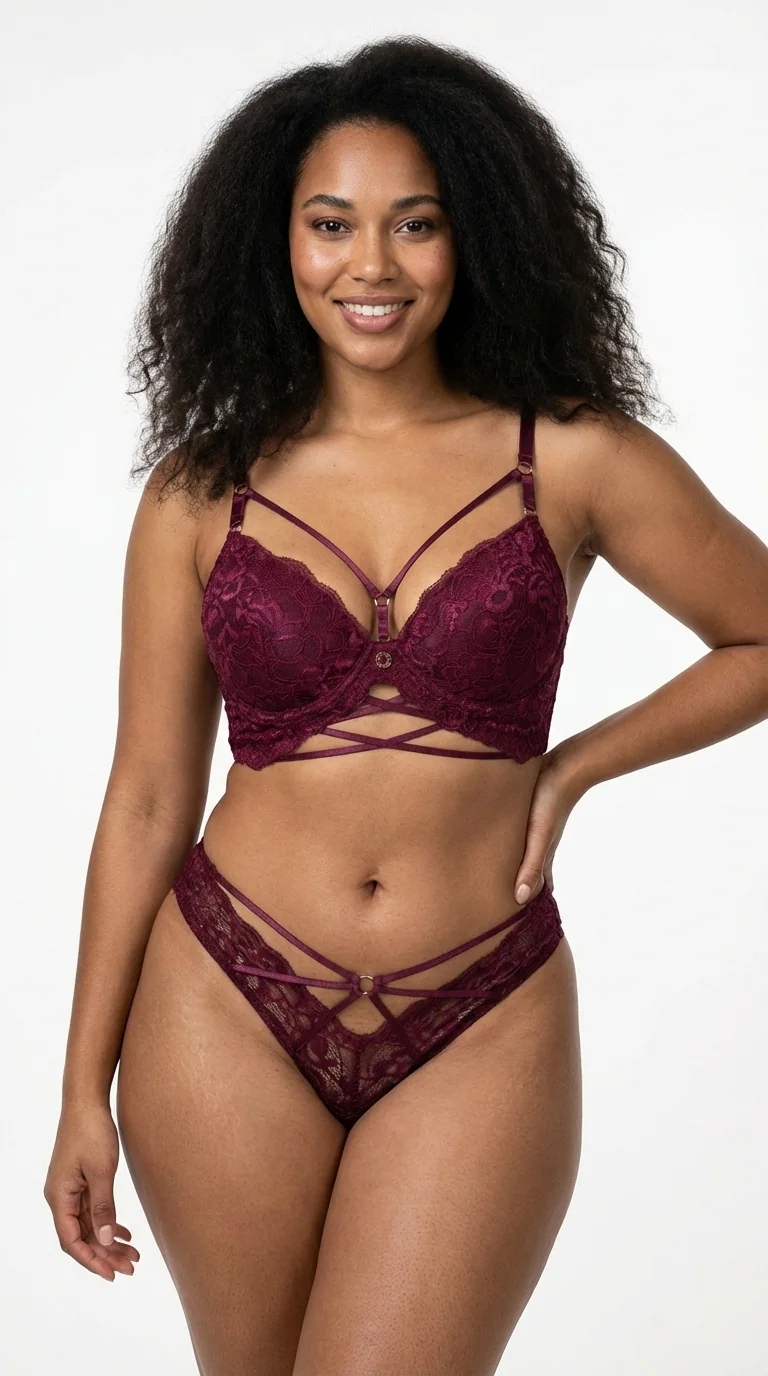 LunaIntim Bordo Kafesli Strappy Sütyen Takım Çapraz Şeritli Destekli Bralet Set - Son Görünüm